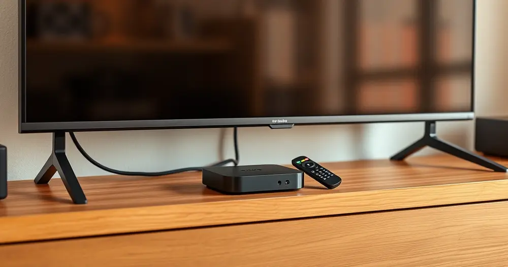 aparelho tv box preto com controle sobre estante abaixo da televisão