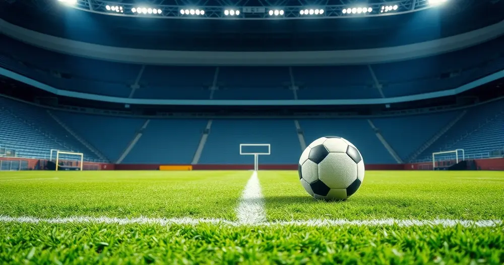 bola de futebol sobre a grama de estádio vazio