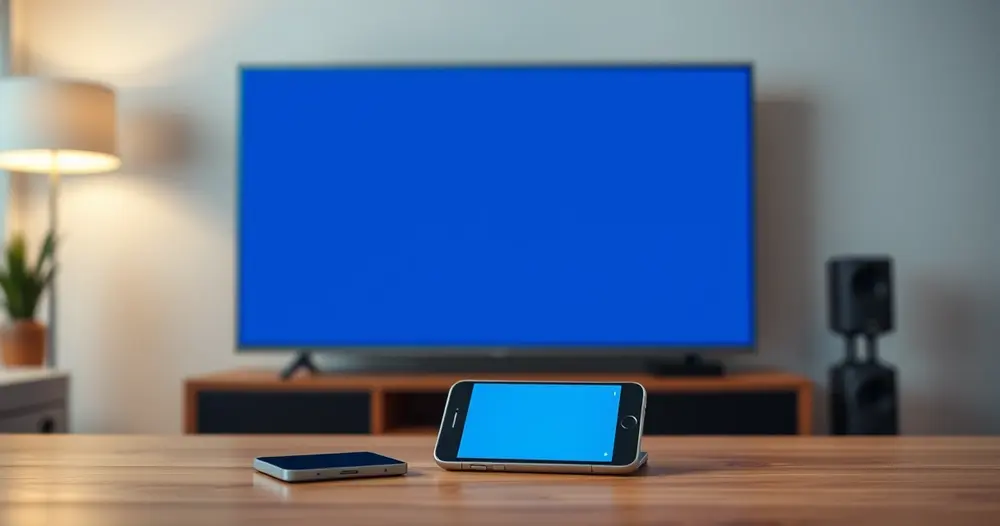 celular sobre a mesa ao lado de televisão ligada na sala
