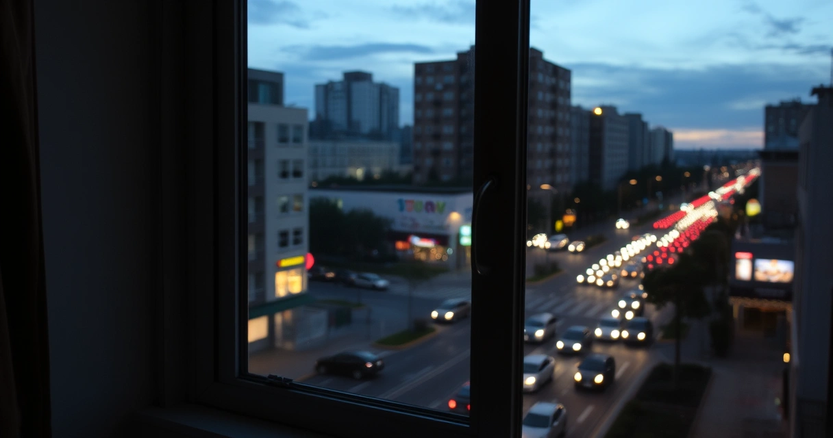 Janela fechada de apartamento com vista para avenida movimentada ao anoitecer